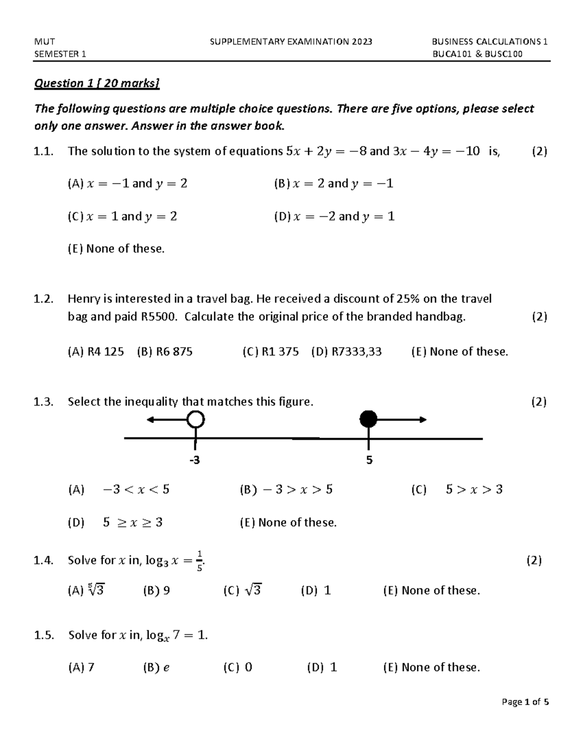 MUT SEM 1 SUPPLEMENTARY EXAM 2023: BUSINESS CALCULATIONS 1 BUCA101 ...
