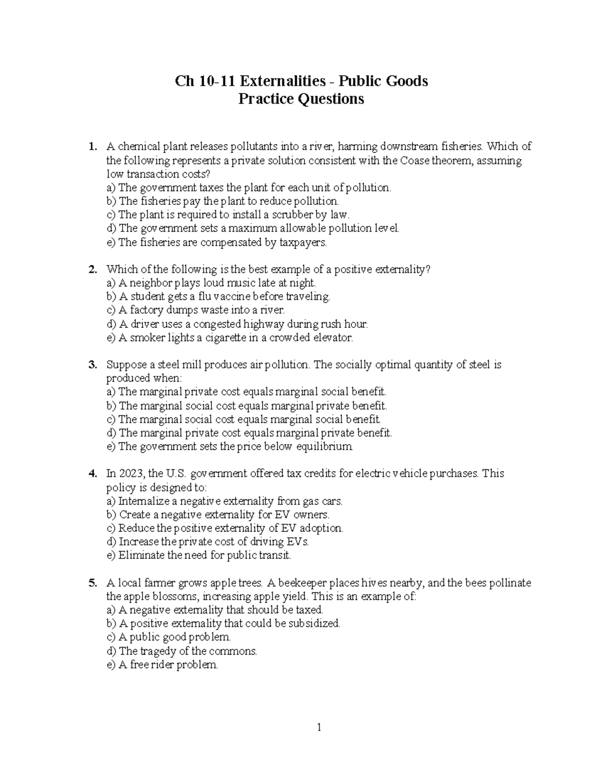 Ch 10-11 Externalities - Public Goods Practice Questions - Studocu