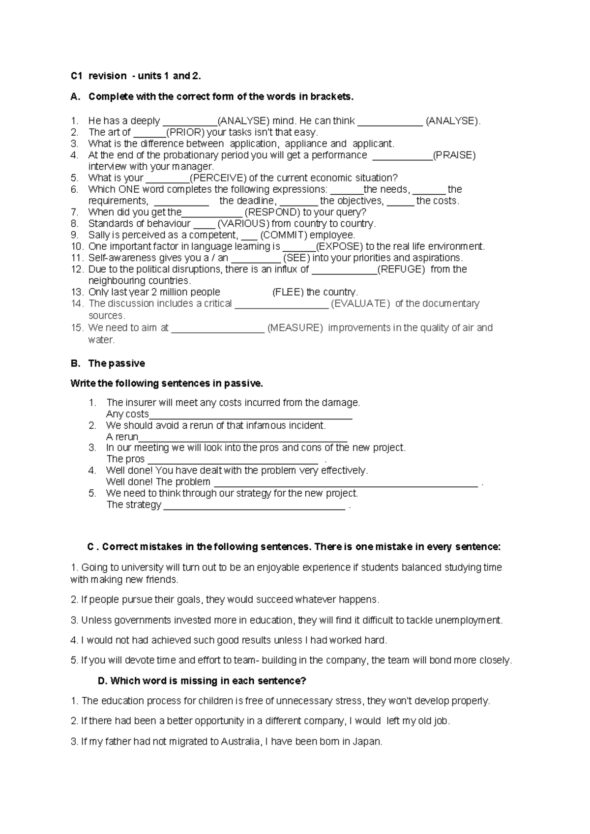 C1 Revision Units 1 & 2 - Exercises for Level C1 - Studocu