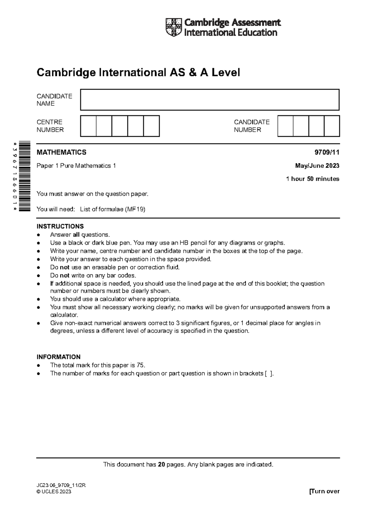 Cambridge International AS A Level Mathematics Paper 1 (Pure) JC23 ...