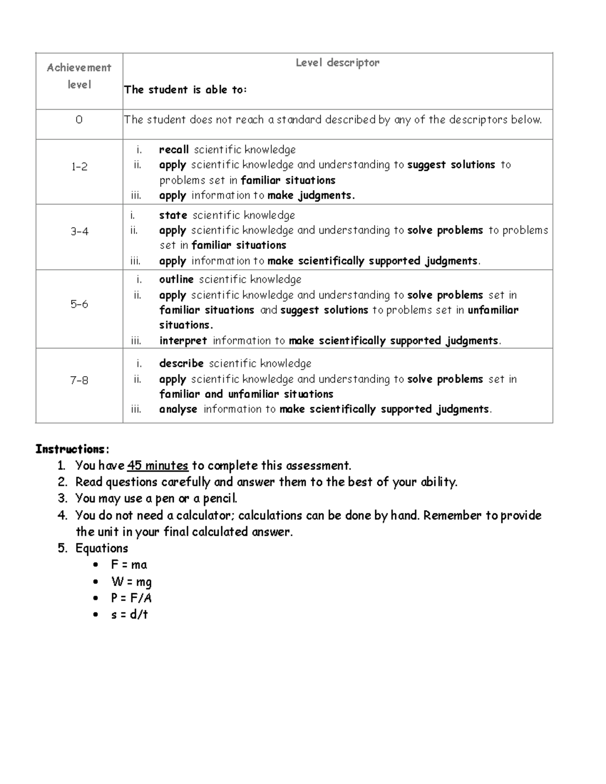Unit 5 Forces - Critera A Examination - Achievement level Level ...