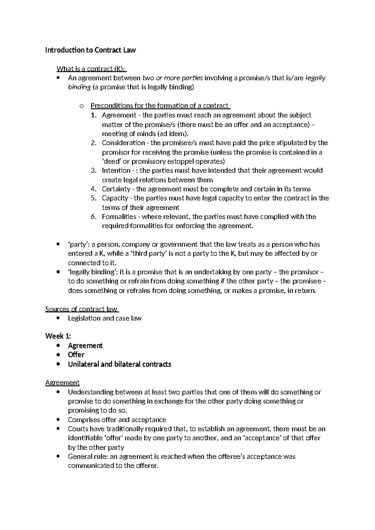 Contract A law revision notes - Introduction to Contract Law What is a ...