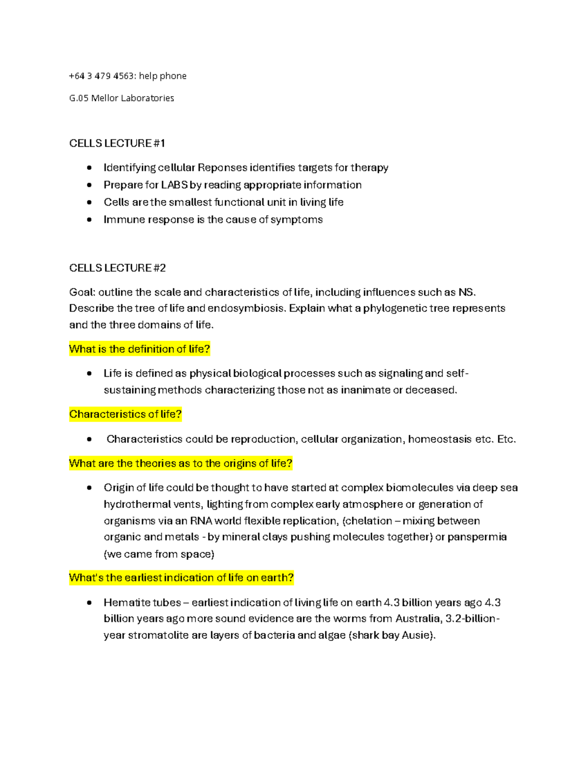 Cells Lecture Notes for Course BIO101: Cellular Structure and Function ...