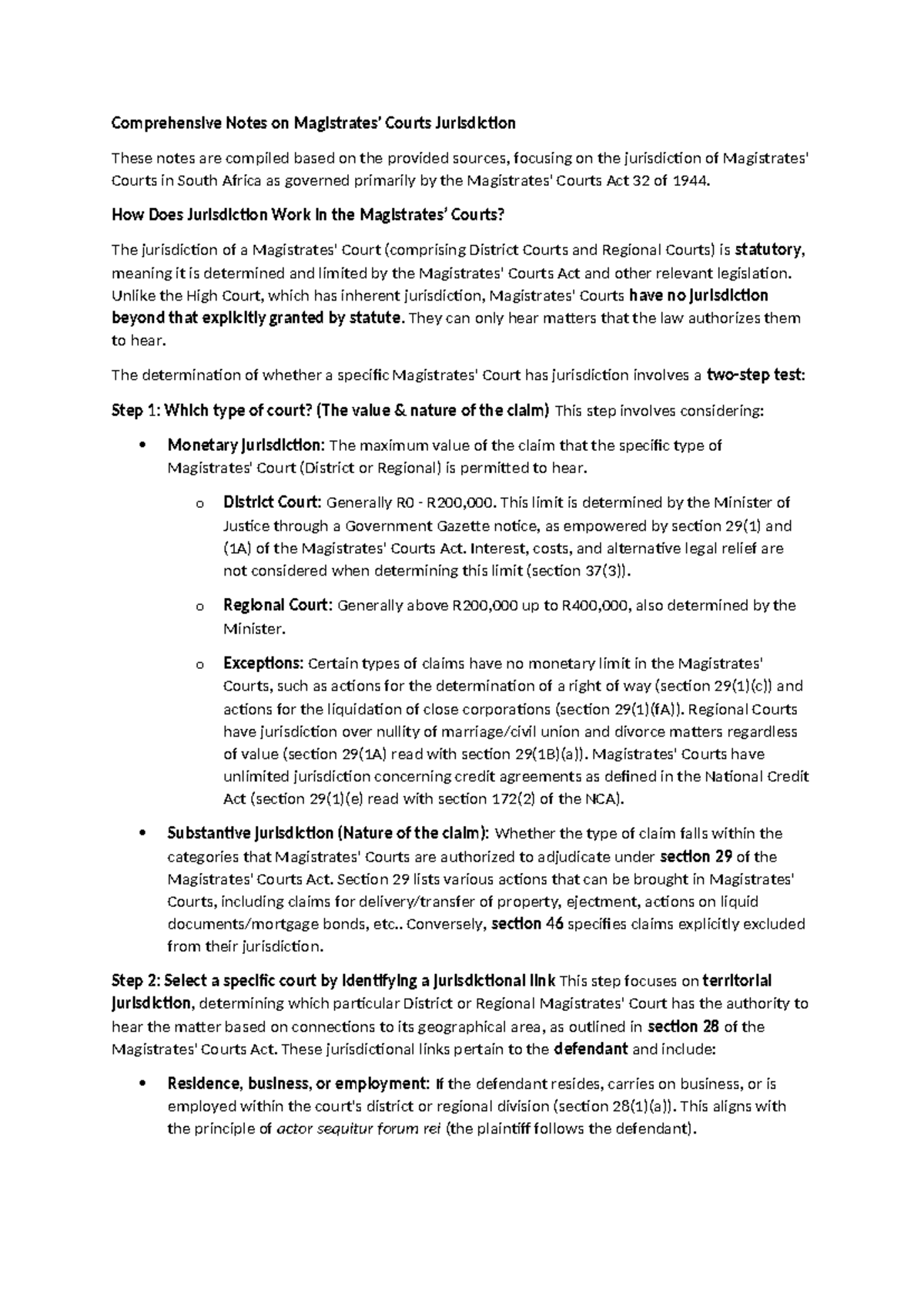 Magistrates Court Jurisdiction Notes: Insights & Key Concepts - Studocu