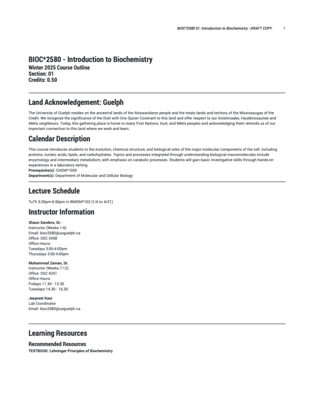 Biochem Course Outline - 01: Introduction to Biochemistry DRAFT COPY 1 ...
