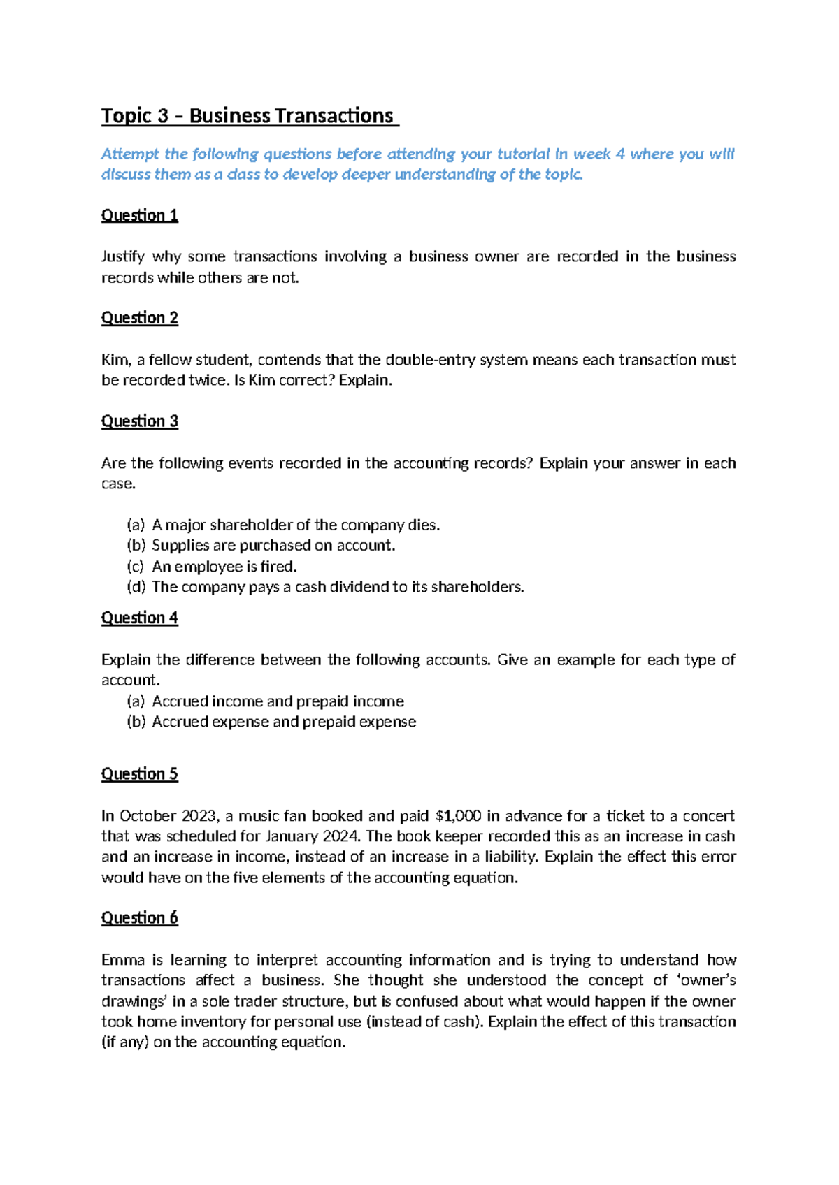 Topic 3 Tutorial Questions - Topic 3 – Business Transactions Attempt ...