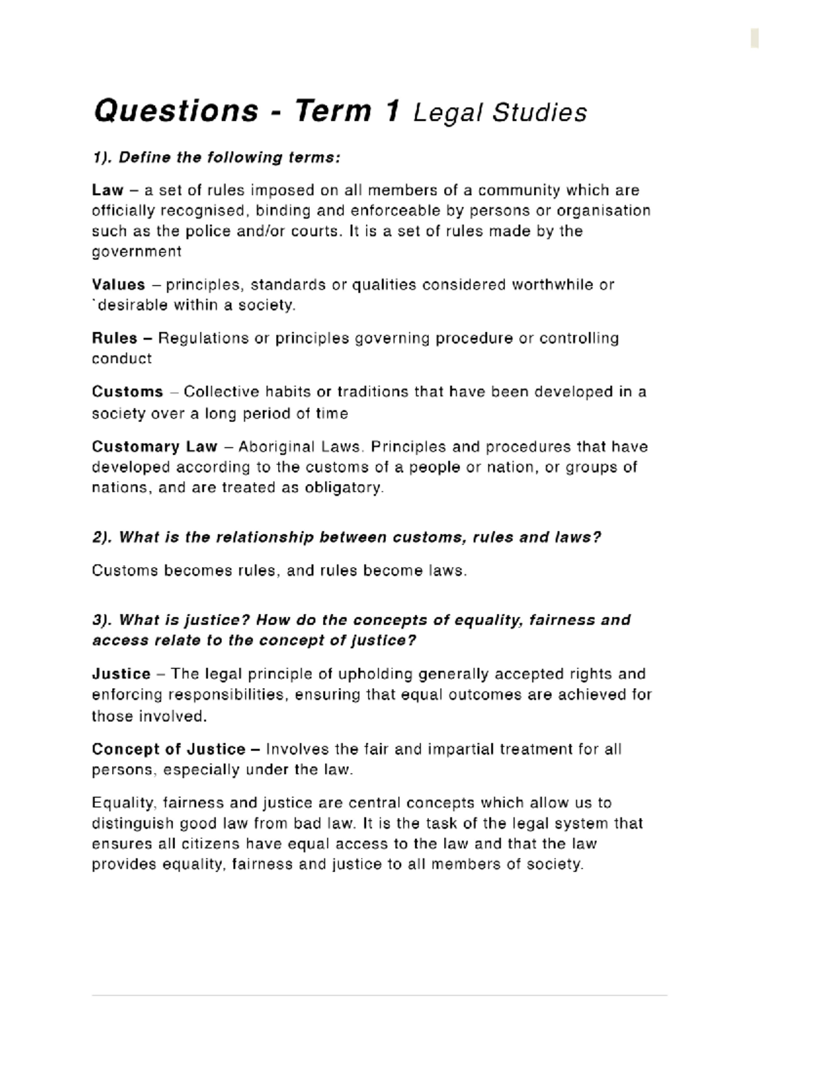 Legal Studies 1: Term 1 Study Notes and Key Concepts - Studocu