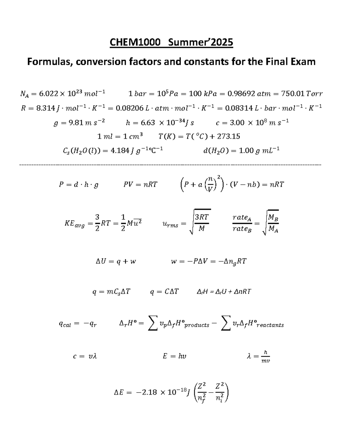 Final Exam NA 6.022: Formulas & Constants Overview - Studocu