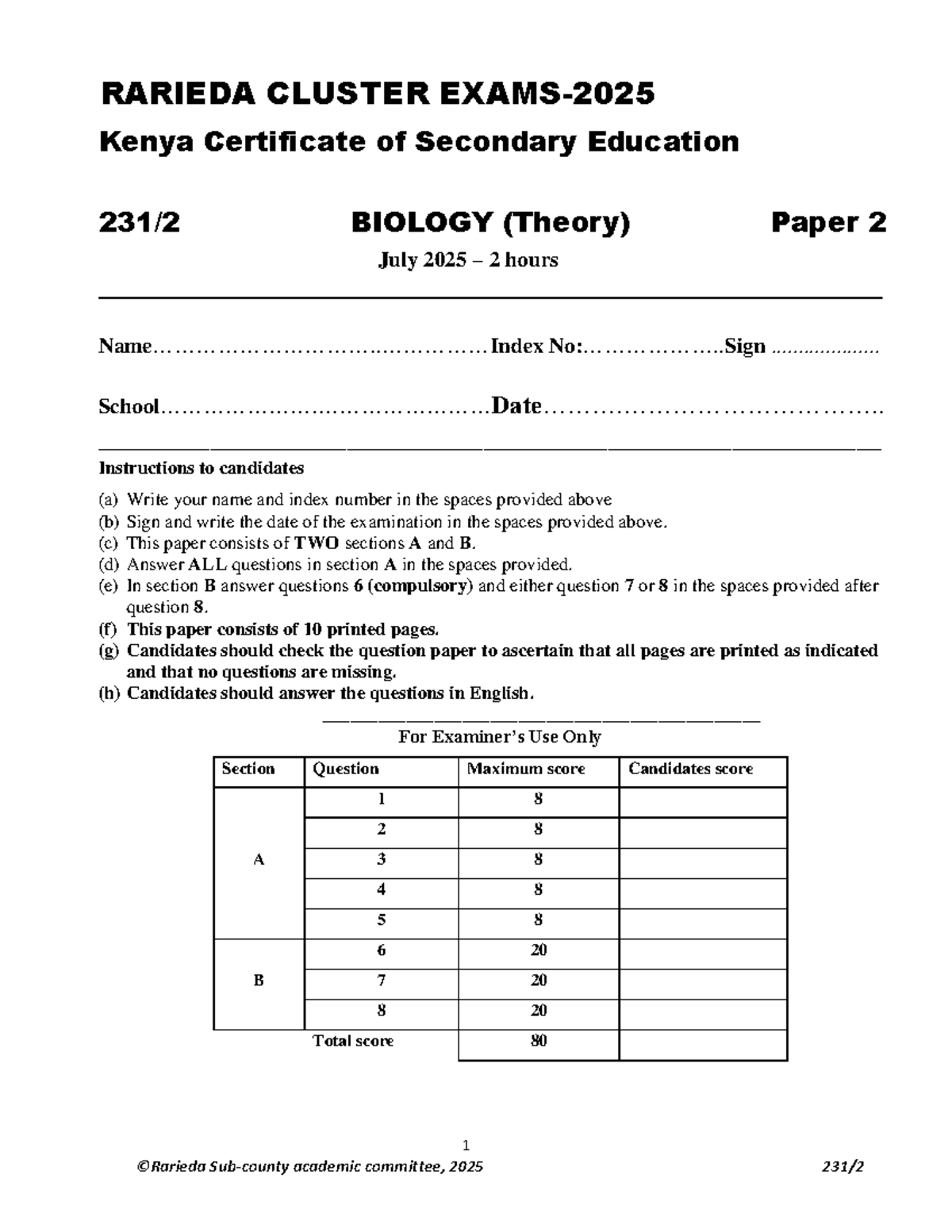 RARIEDA CLUSTER KCSE BIOLOGY Paper 2 July 2025 Exam Guide - Studocu