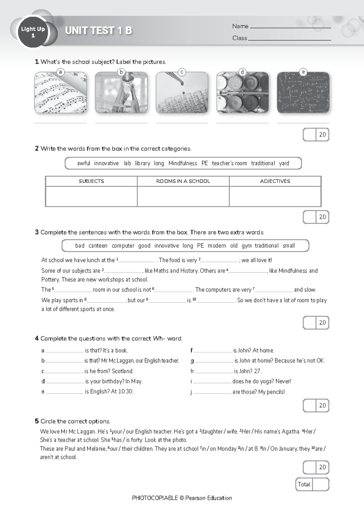 Light Up TEST 1 B - Light Up 1 UNIT TEST 1 B Class 1 What’s the school ...
