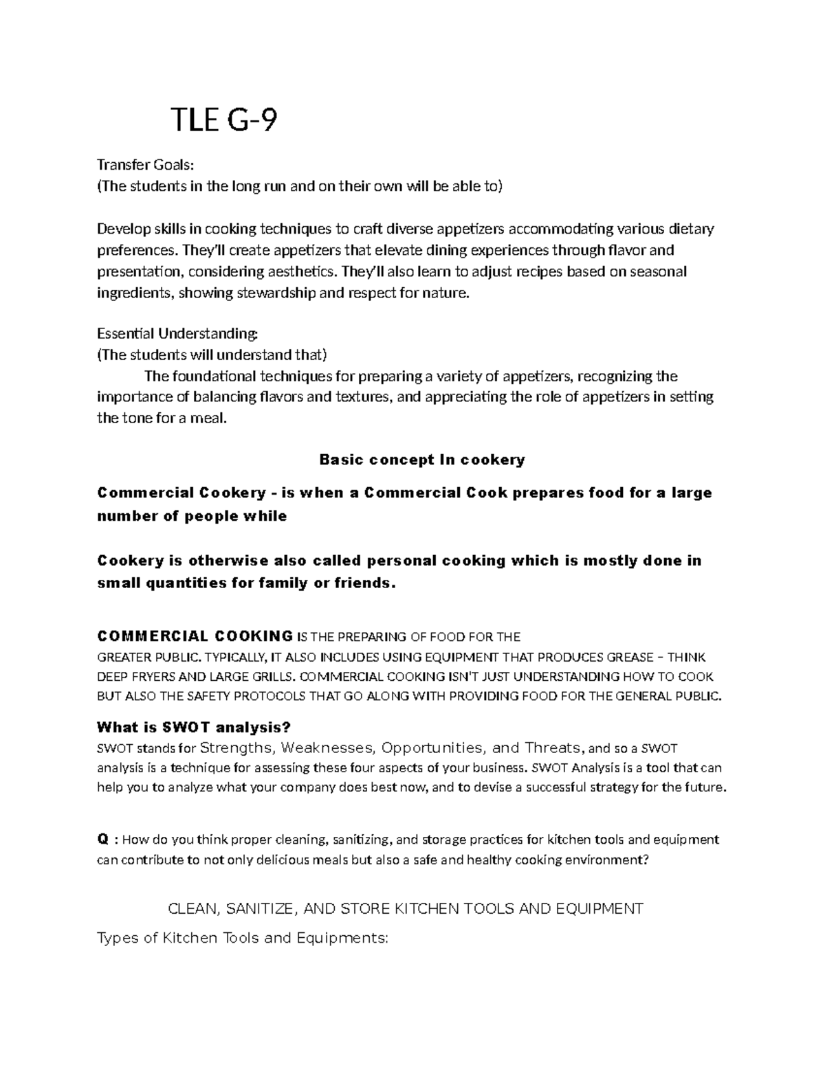 TLE G - Report on Cooking Techniques and Kitchen Safety Practices - Studocu