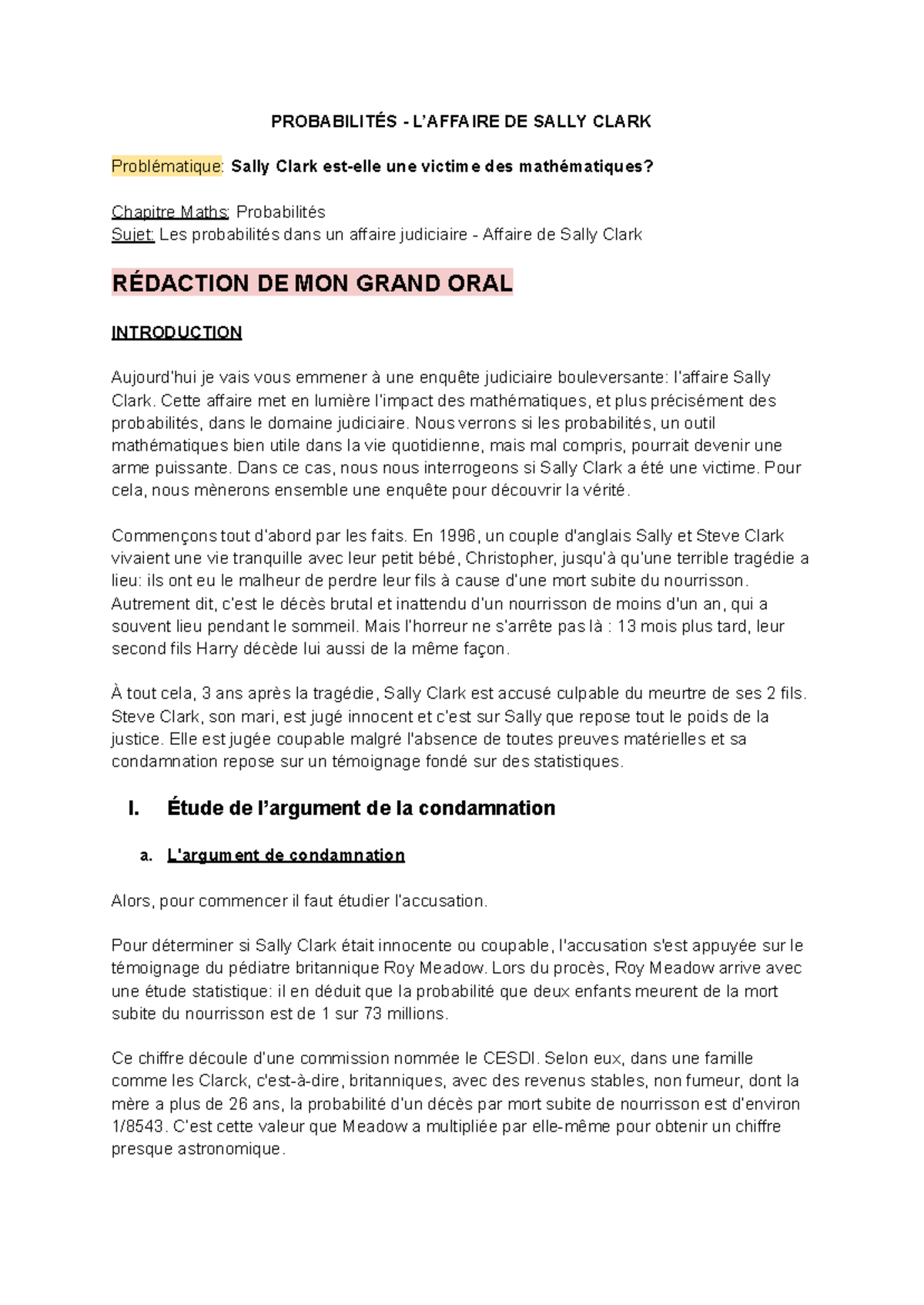 Grand Oral Maths Sally Clark, Victime des Probabilités Judiciaires — free download