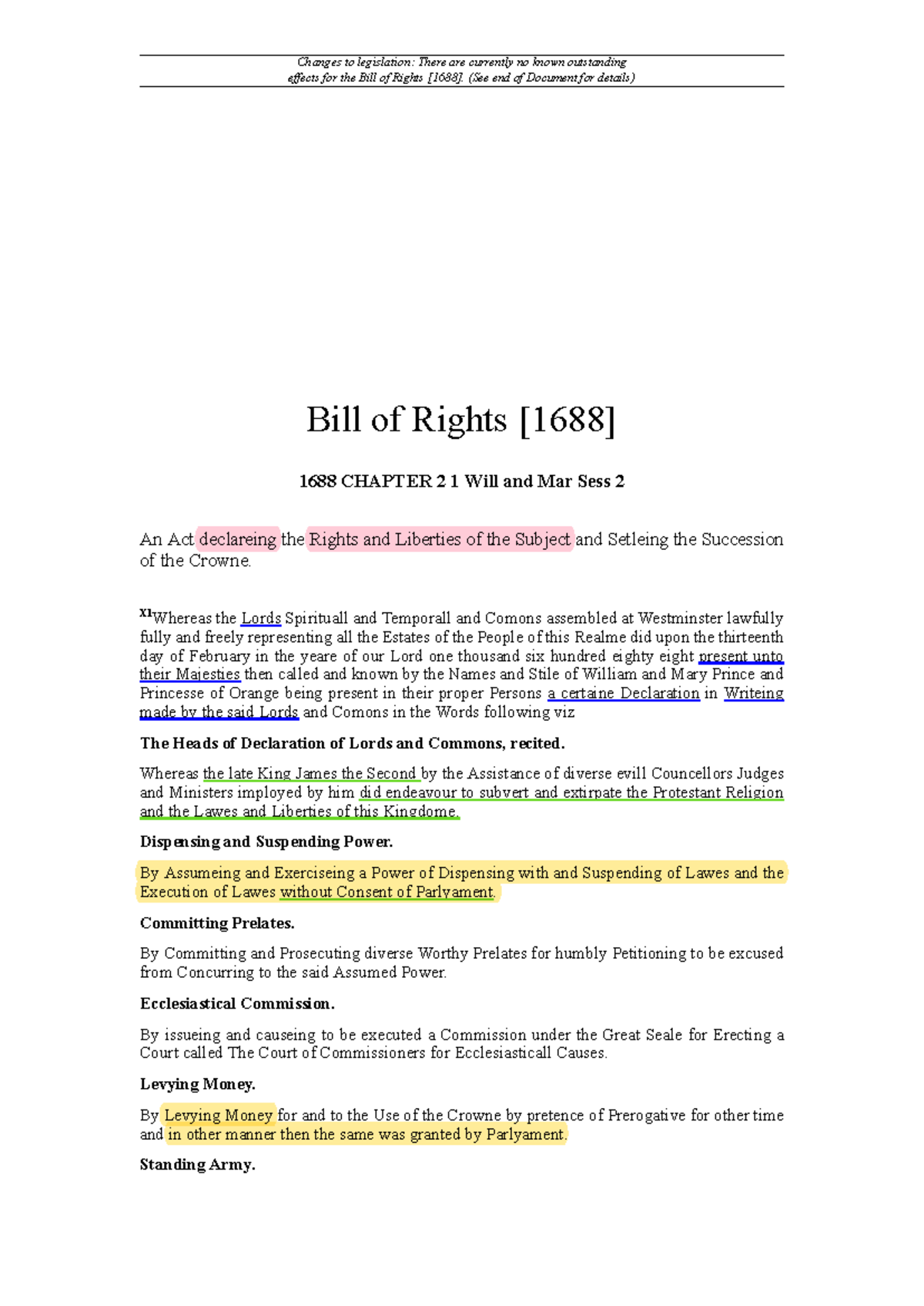 Annotated Bill of Rights 1688: Key Changes and Implications - Studocu