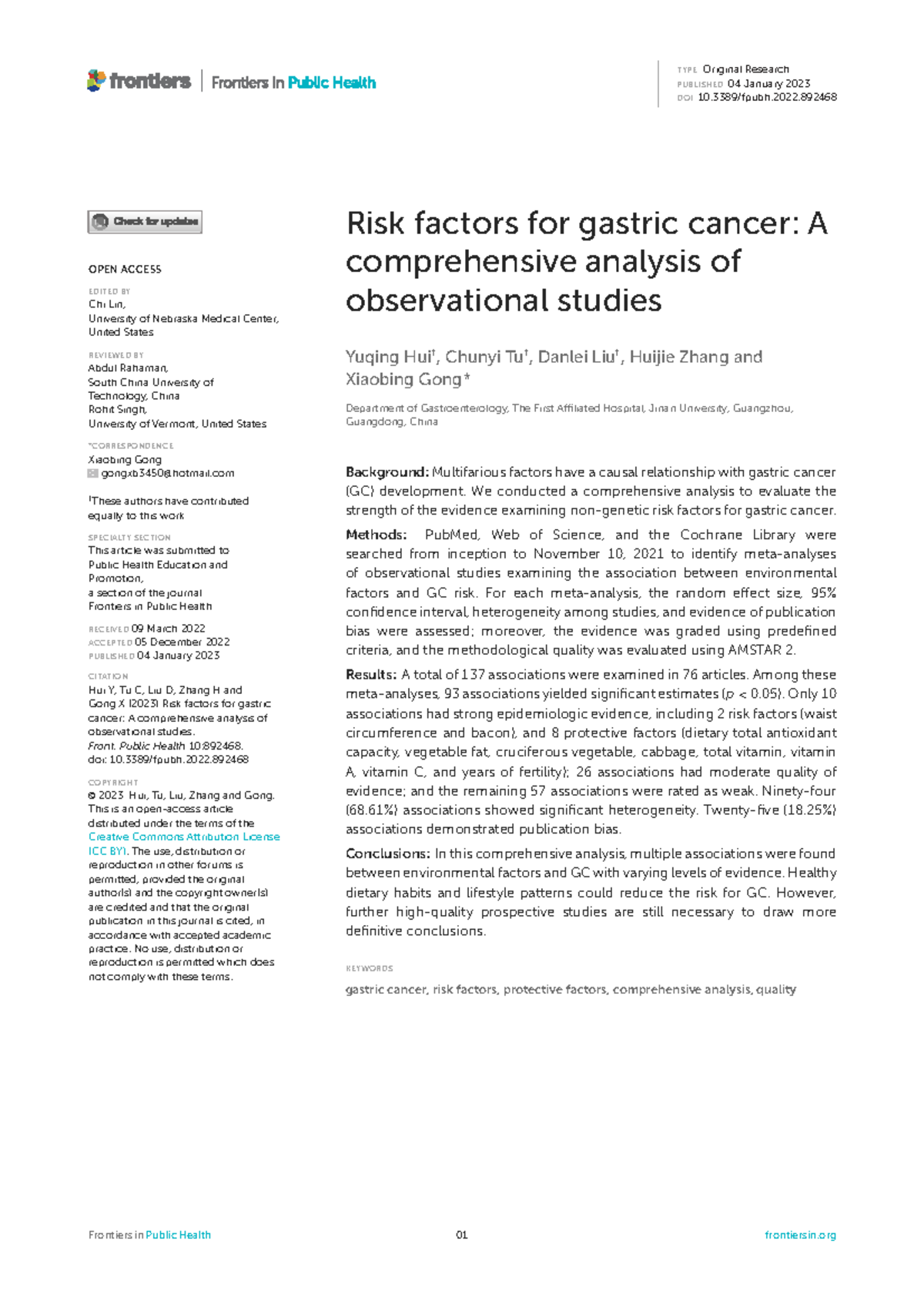 Risk Factors for Gastric Cancer: A Comprehensive Analysis (Fpubh-10 ...