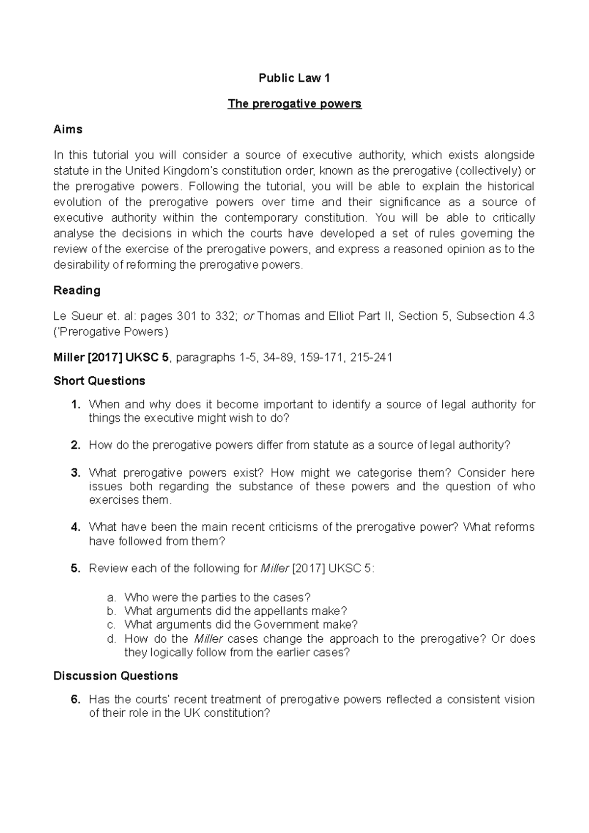 Tutorial The Prerogative Powers - Public Law 1 The prerogative powers ...