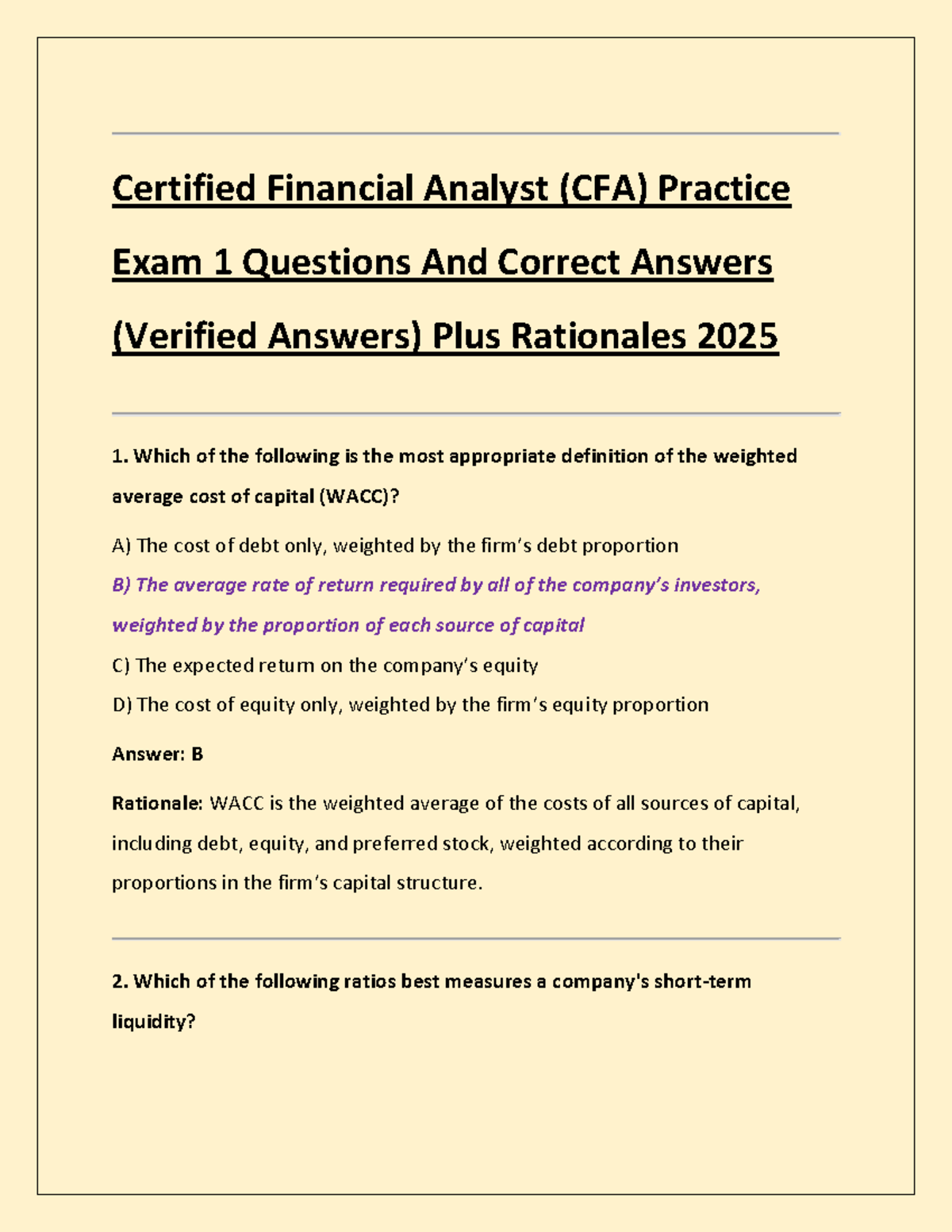 CFA Practice Exam 1: Questions, Answers & Rationales 2025 - Studocu