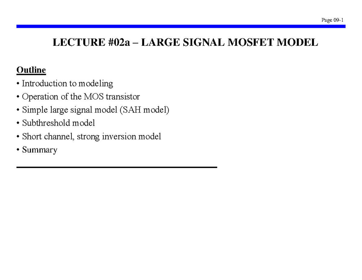 LECT 01: Large Signal MOSFET Model Overview and Analysis - Studocu