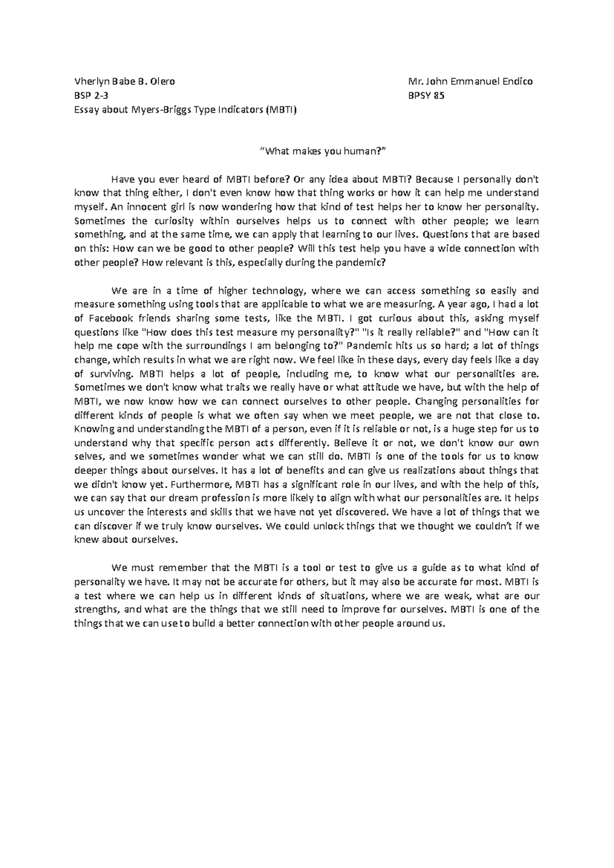 BSP 2-3 BPSY 85 - Essay on Understanding MBTI and Its Benefits - Studocu