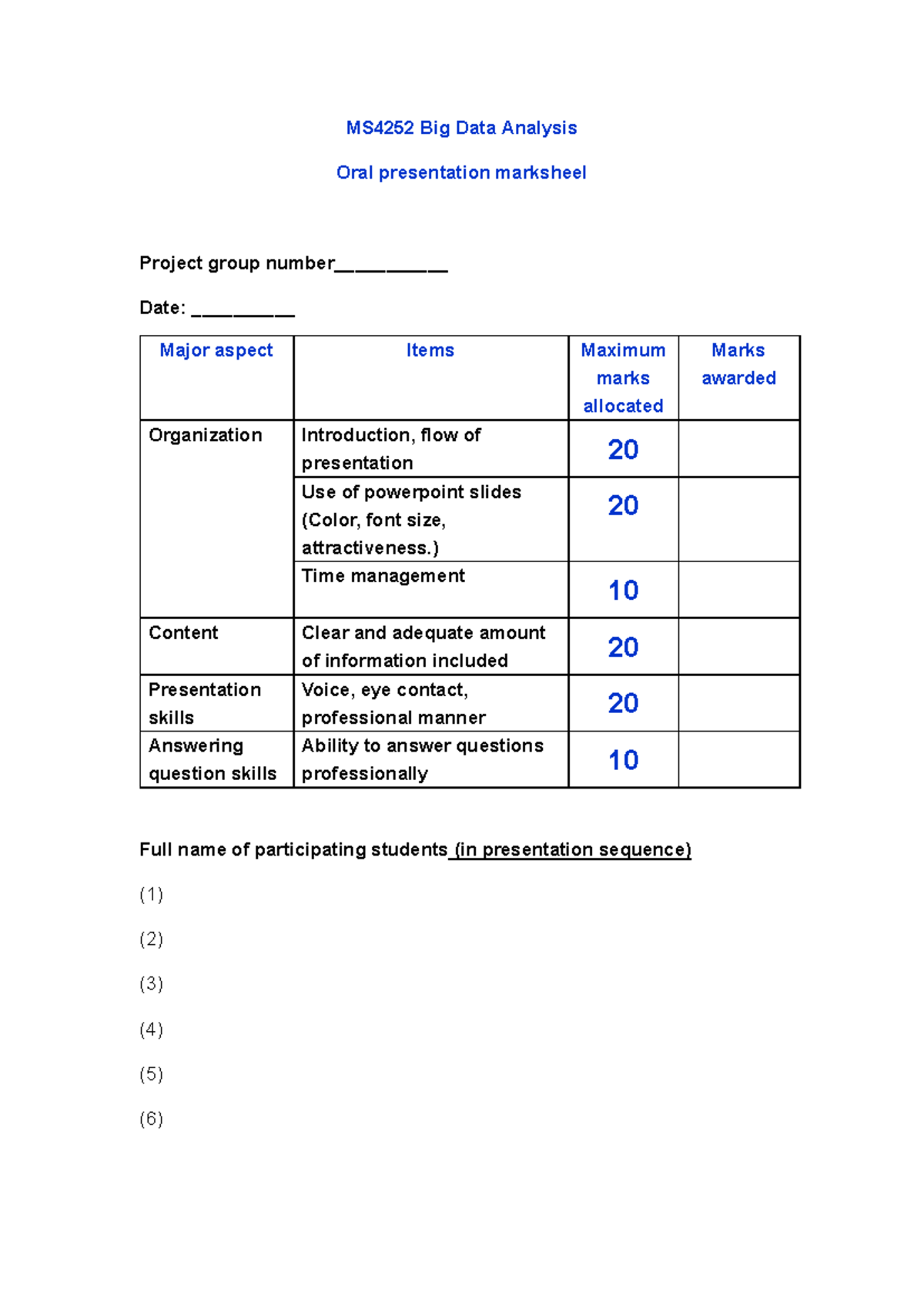 2025 MS4252+Oral+presentation+marksheet+%28pdf%29 - MS 4252 Big Data ...