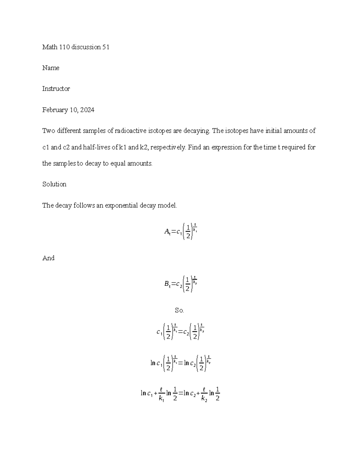 Math 110 Discussion 51 - Radioactive Isotope Decay Analysis - Studocu