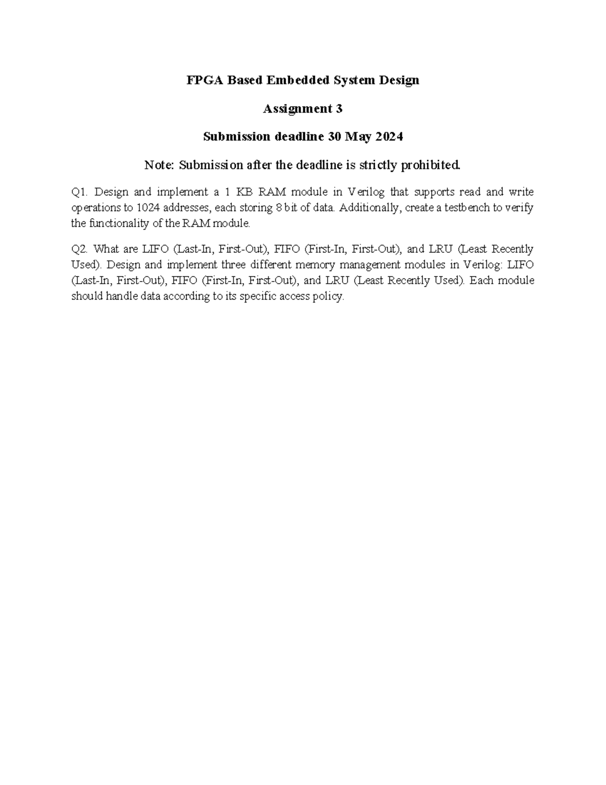 Assignment 3 - FPGA Based Embedded System Design Assignment 3 ...
