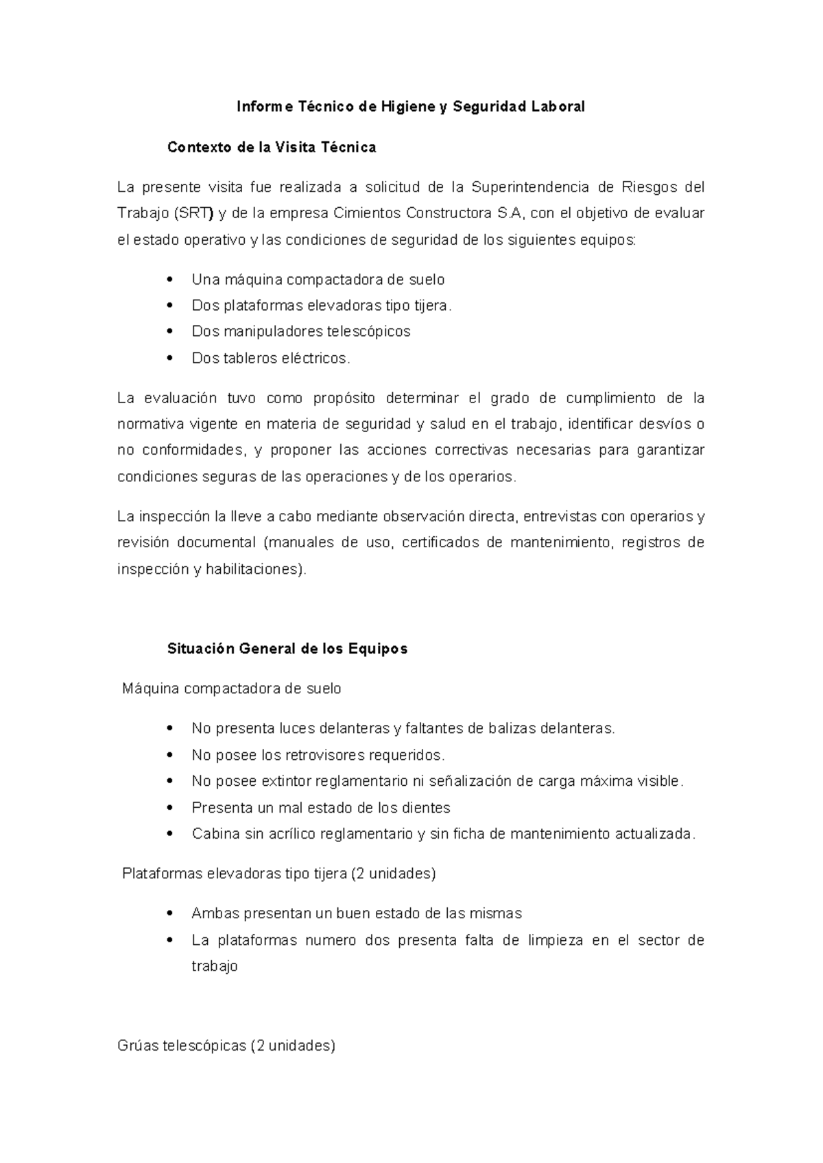 Informe Técnico: Higiene y Seguridad Laboral - Evaluación de Equipos ...