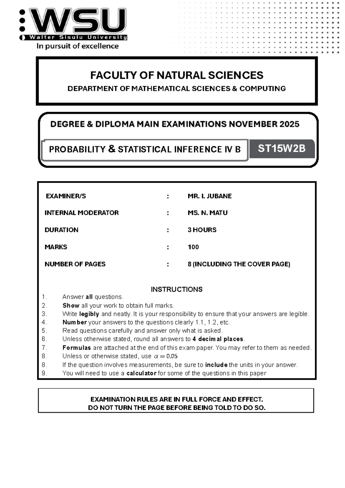 ST15W2B MAIN EXAM 2025: PROBABILITY & STATISTICAL INFERENCE MEMO - Studocu