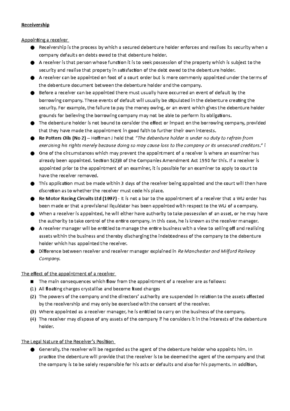 Receivership - Summary Law - RECEIVERSHIP The process which a secured ...