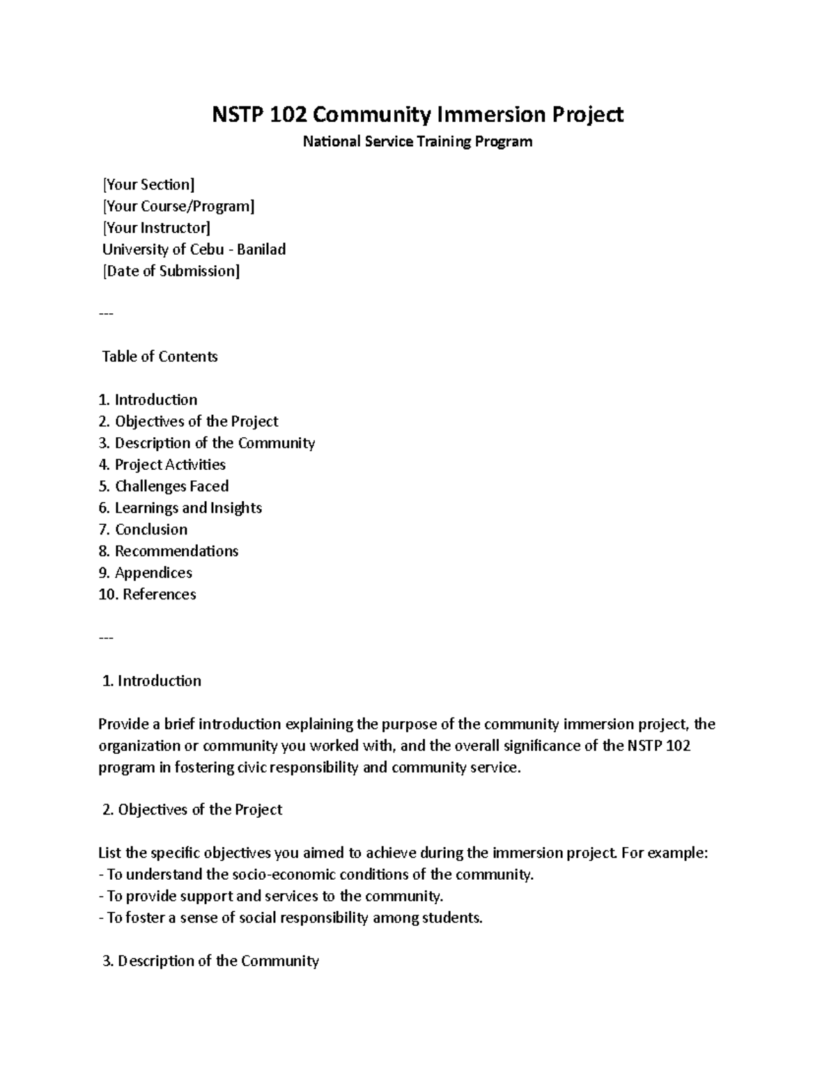NSTP102 Community Immersion Project Report Template - Studocu