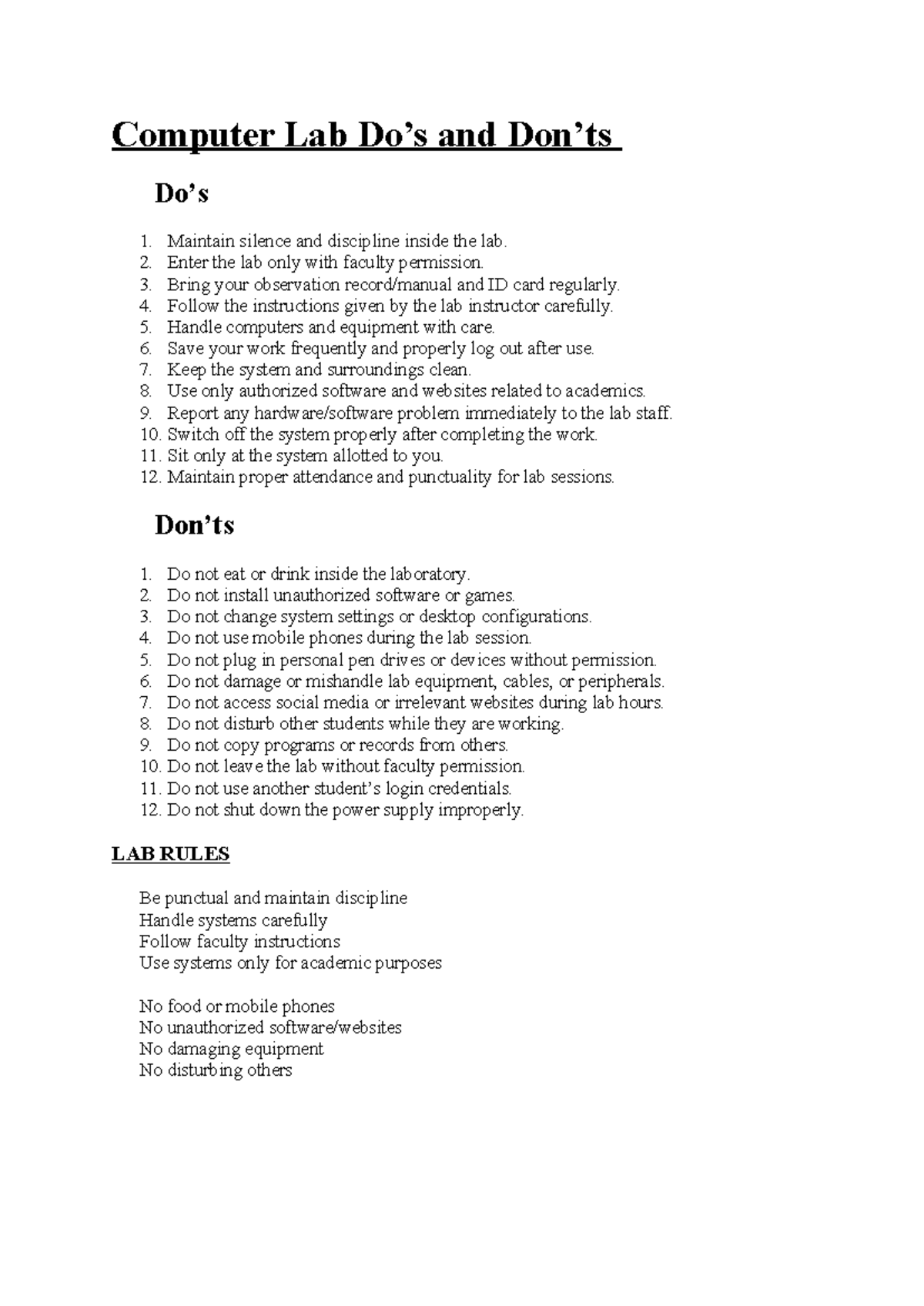 Computer Lab Rules and Guidelines - Do's and Don'ts - Studocu
