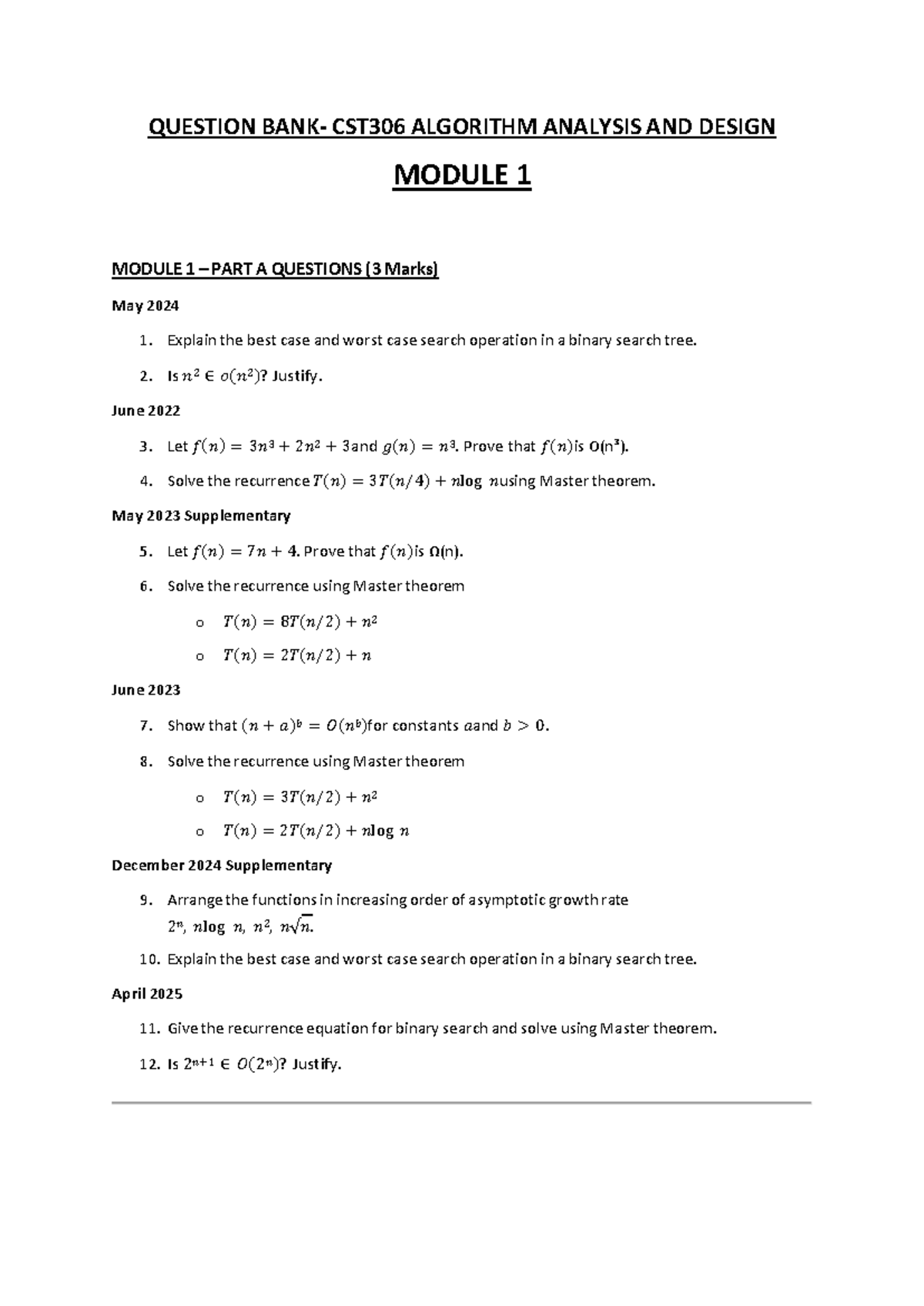 Final CST306 Algorithm Analysis and Design Question Bank - Studocu
