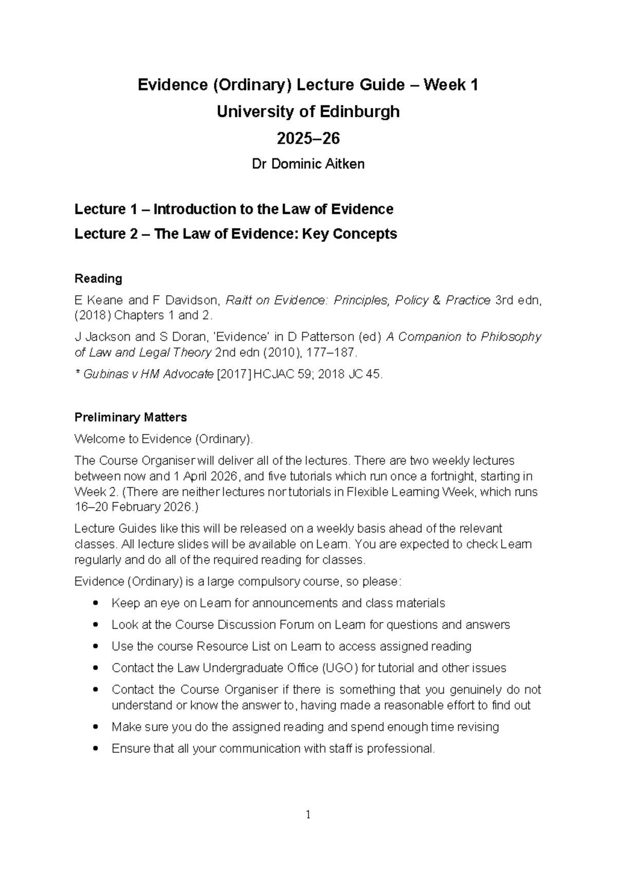 Evidence (Ordinary) Lecture Guide: Week 1 Overview - 2025-26 - Studocu