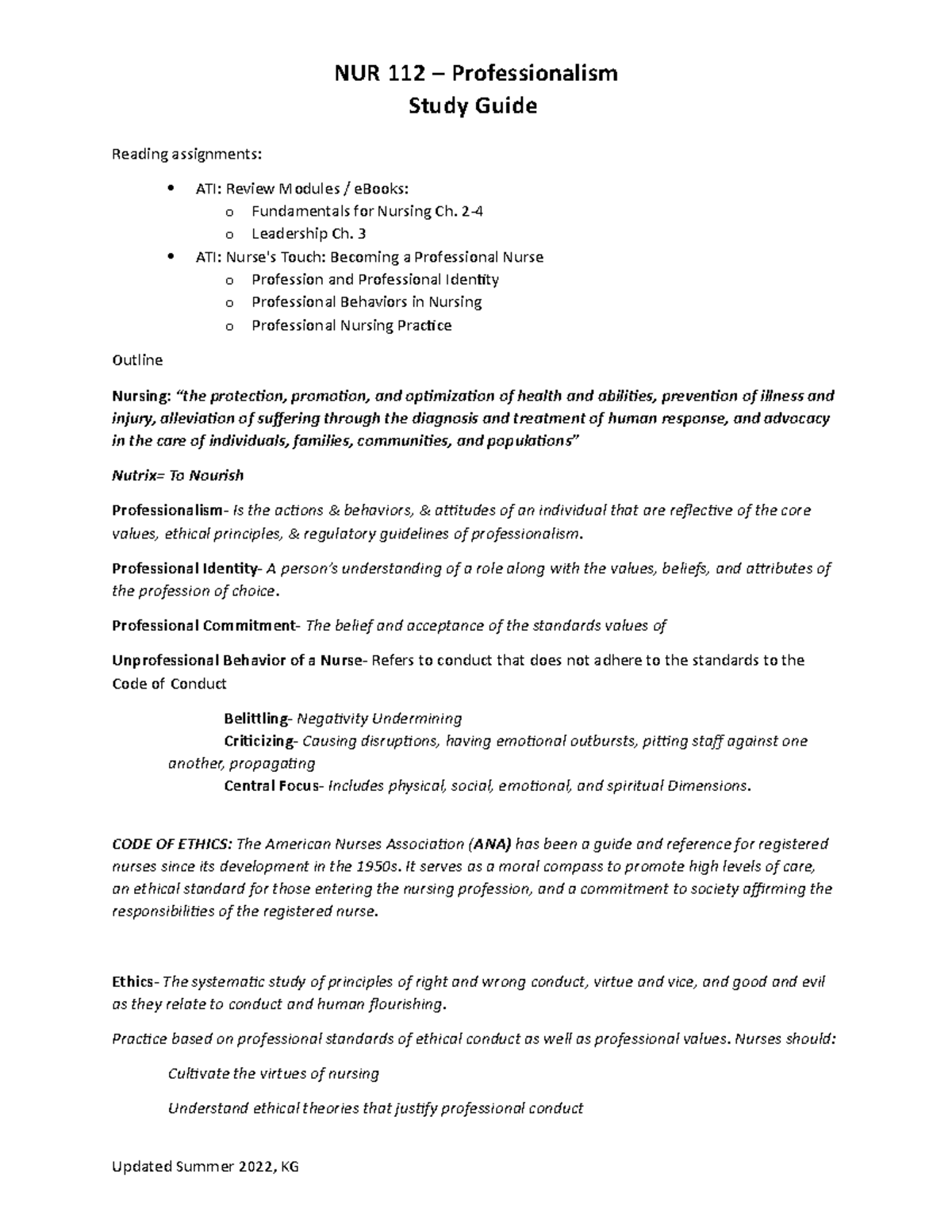 Professionalism in Nursing: Study Guide for Course NUR 101 - Studocu