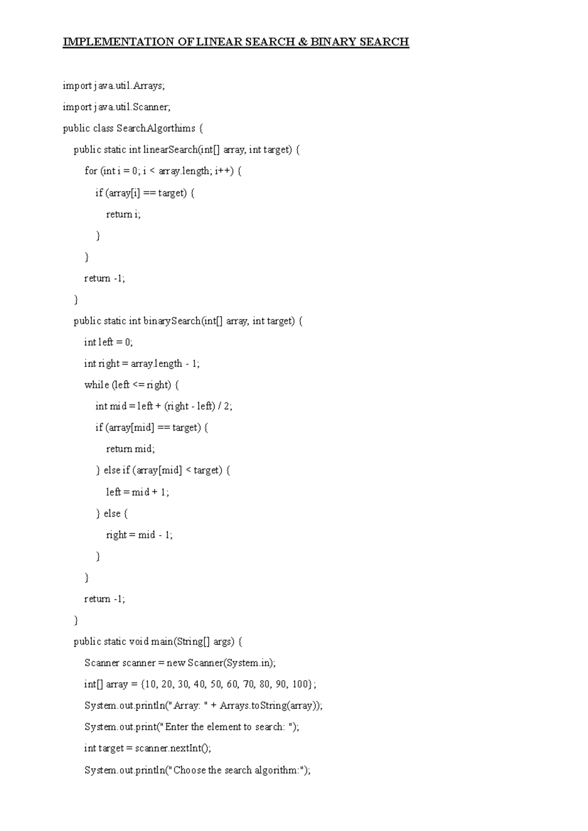 7TO10 - java pratical - IMPLEMENTATION OF LINEAR SEARCH & BINARY SEARCH ...