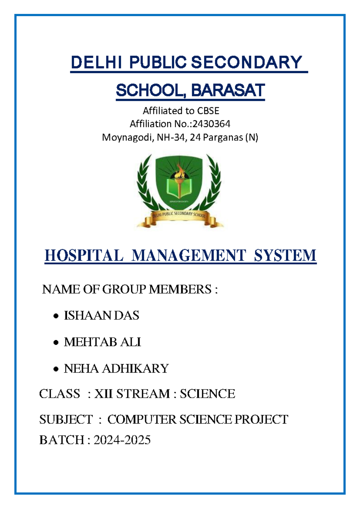 Computer Science Project: Hospital Management System (Class XII) - Studocu
