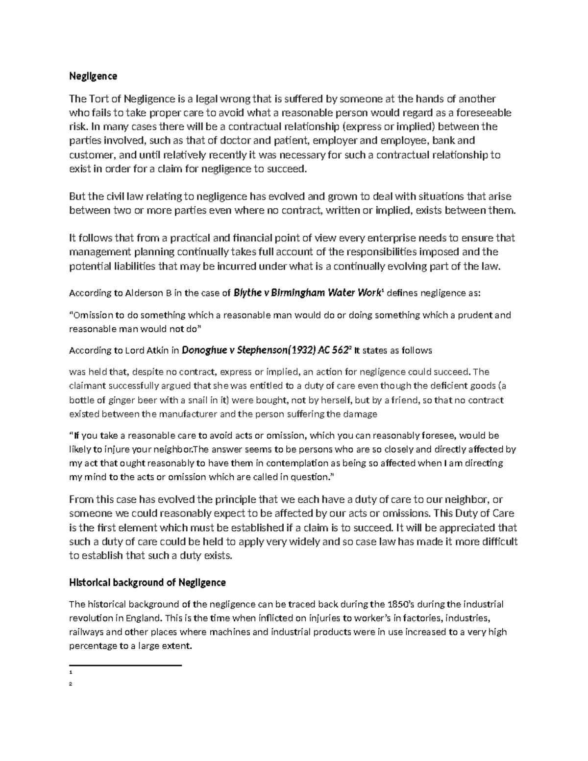 The Tort of Negligence: Key Concepts and Legal Principles - Studocu