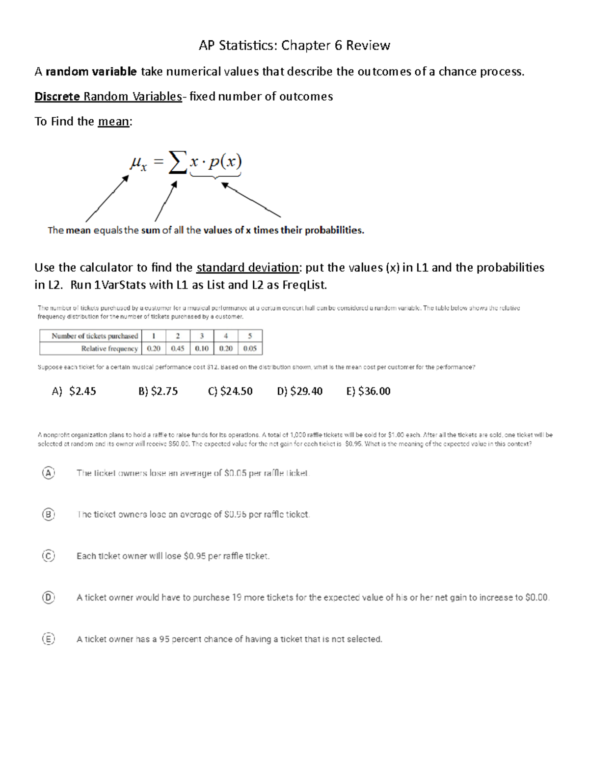 AP Statistics: Chapter 6 Review and Random Variables Analysis - Studocu