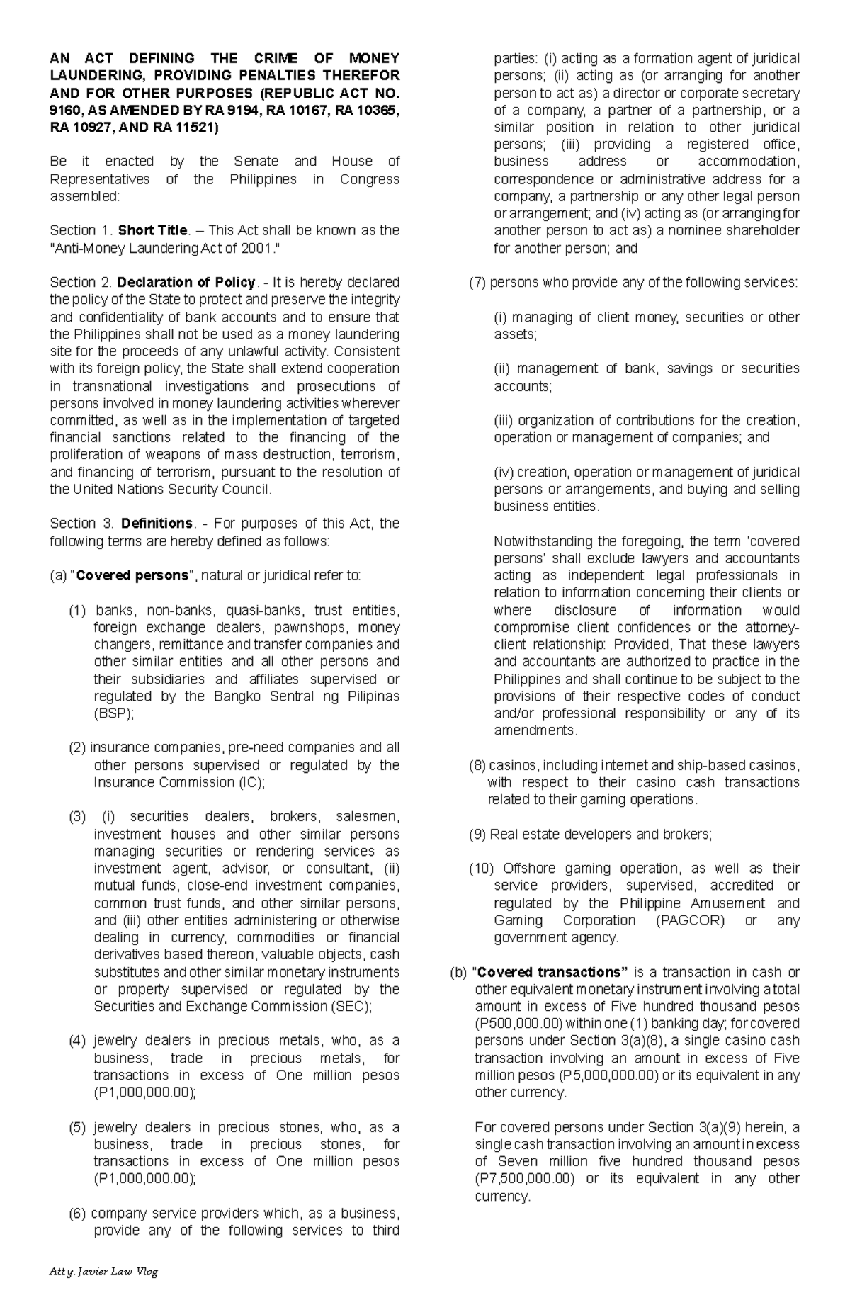 AMLA 9160: Comprehensive Review of the Anti-Money Laundering Act - Studocu