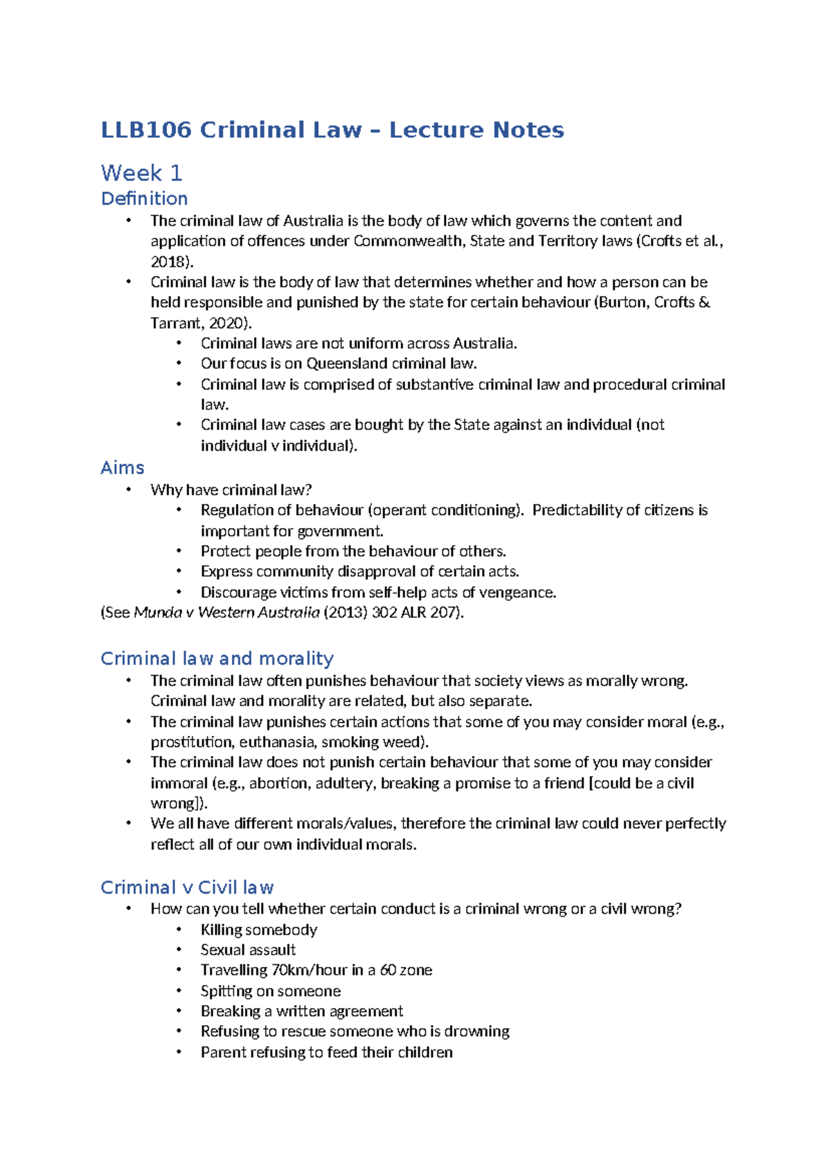 LLB106 Criminal Law Lecture Notes: Week 1 Overview and Key Concepts ...