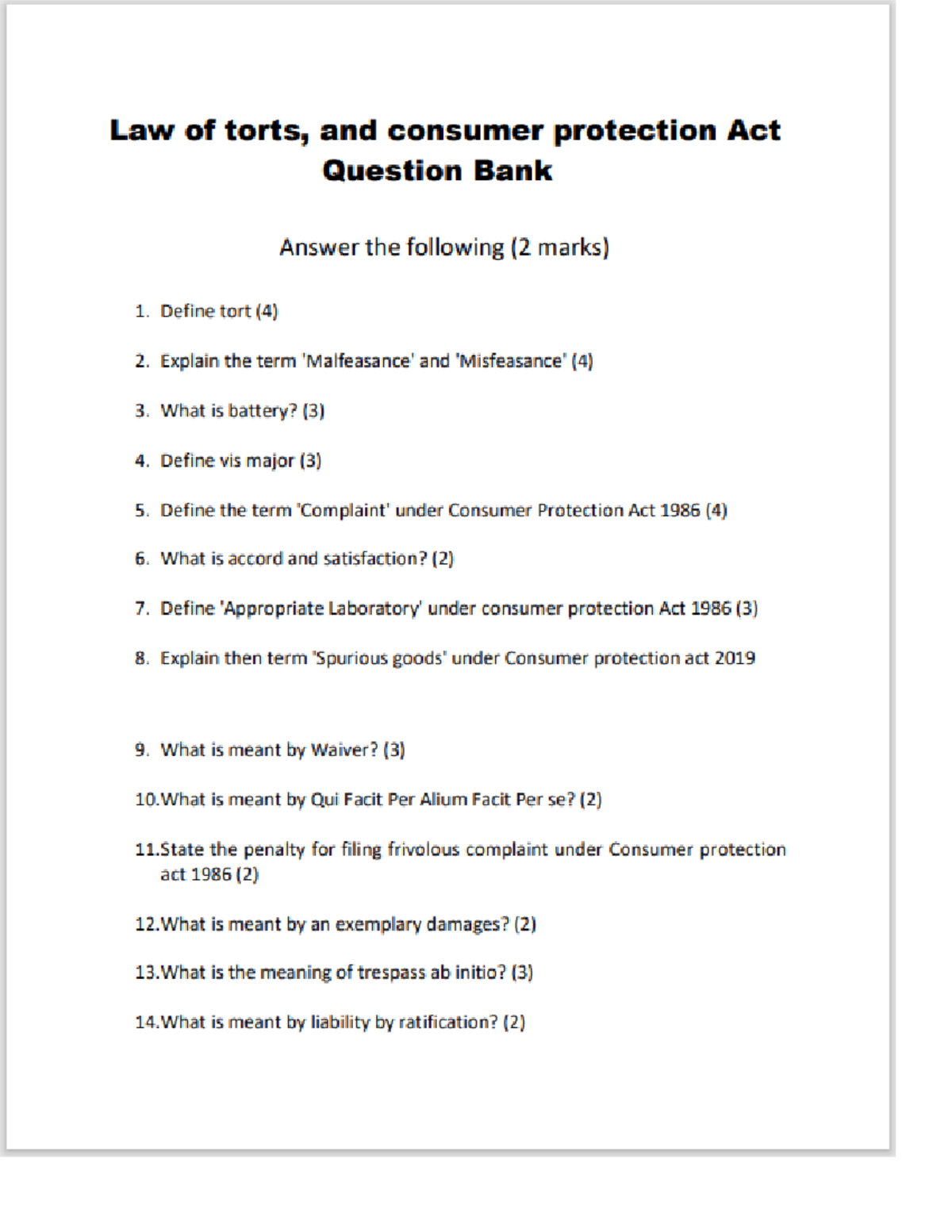 Law of Torts & Consumer Protection Act - Question Bank & Answers - Studocu