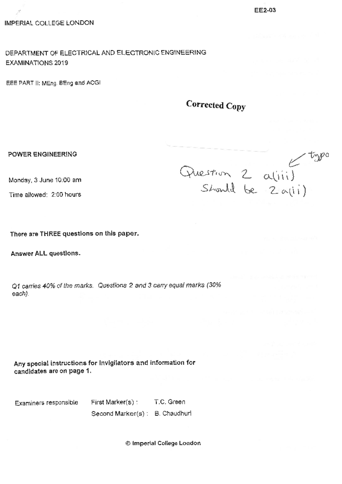 EE2-03 Power Engineering EXAM Paper Summer '19 - Studocu