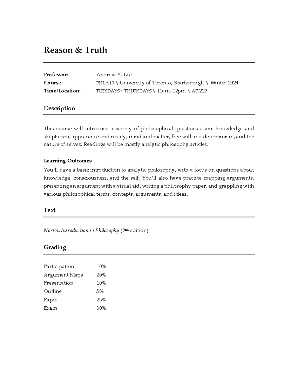 PHLA 10 W24 - Reason and Truth Course Syllabus for Winter 2024 - Studocu