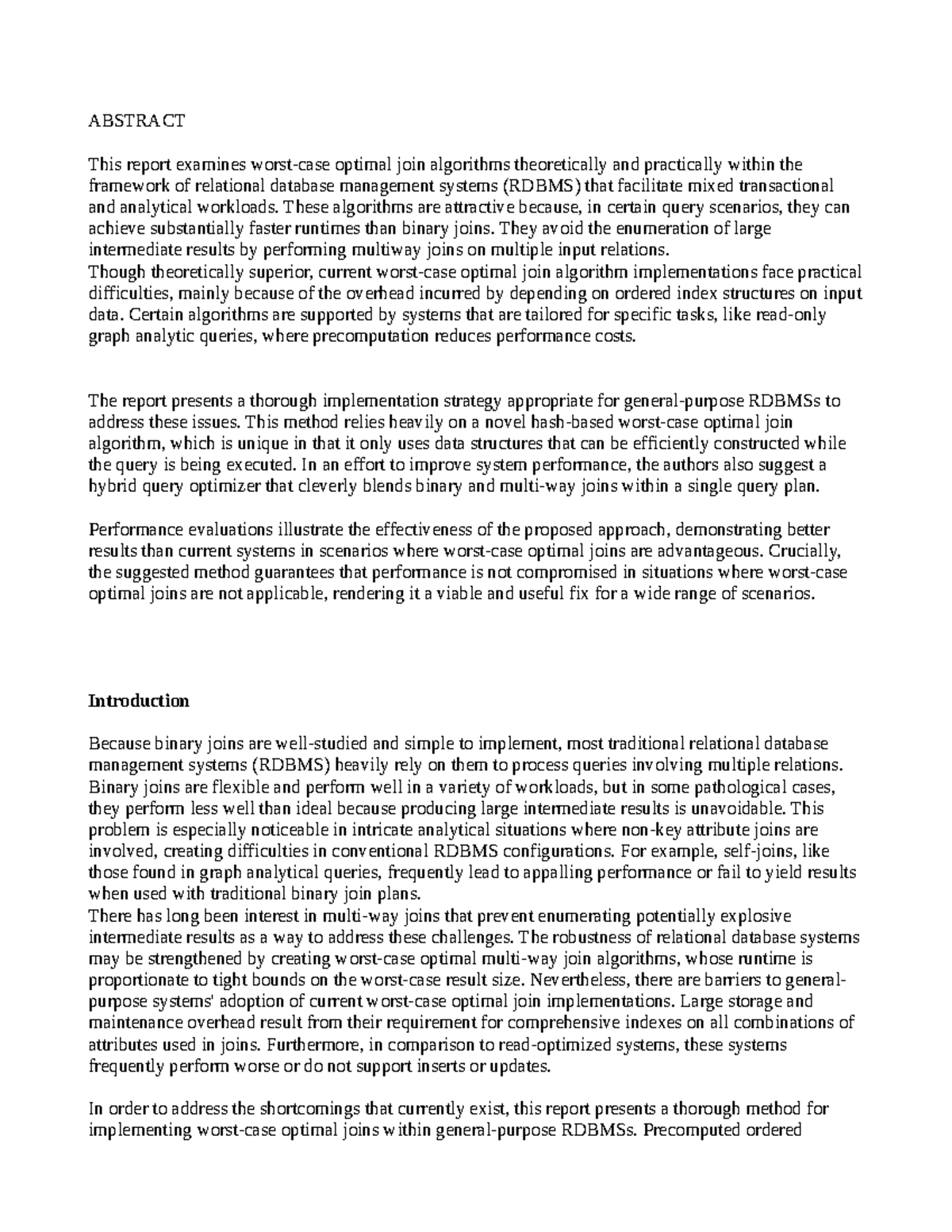 Report - ABSTRACT This report examines worst-case optimal join ...