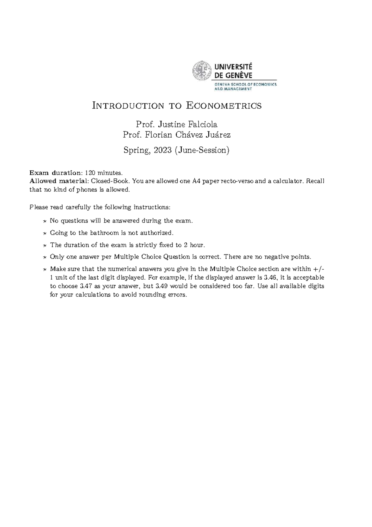 Introduction to Econometrics (ECO 301) Spring 2023 Final Exam Guide ...