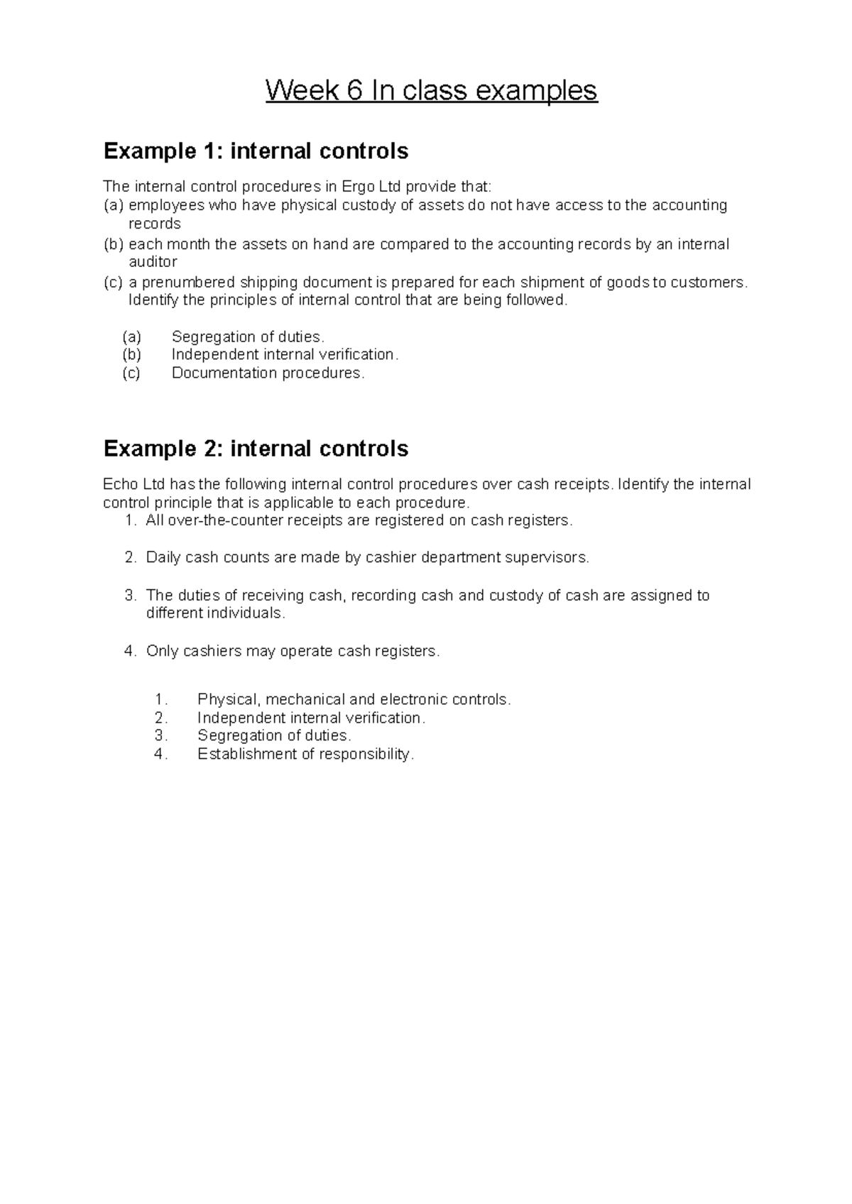 Solution for Week 6 In-Class Examples on Internal Controls and Bank ...