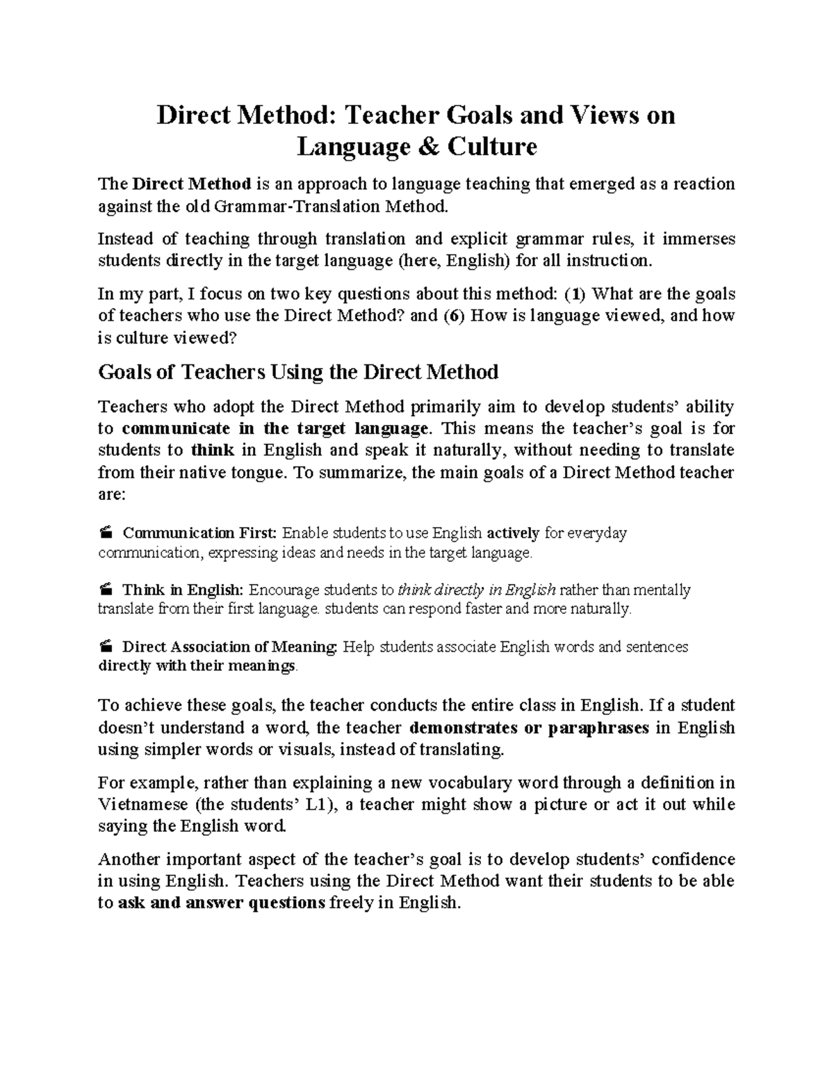 Direct Method: Teacher Goals & Perspectives on Language Culture - Studocu