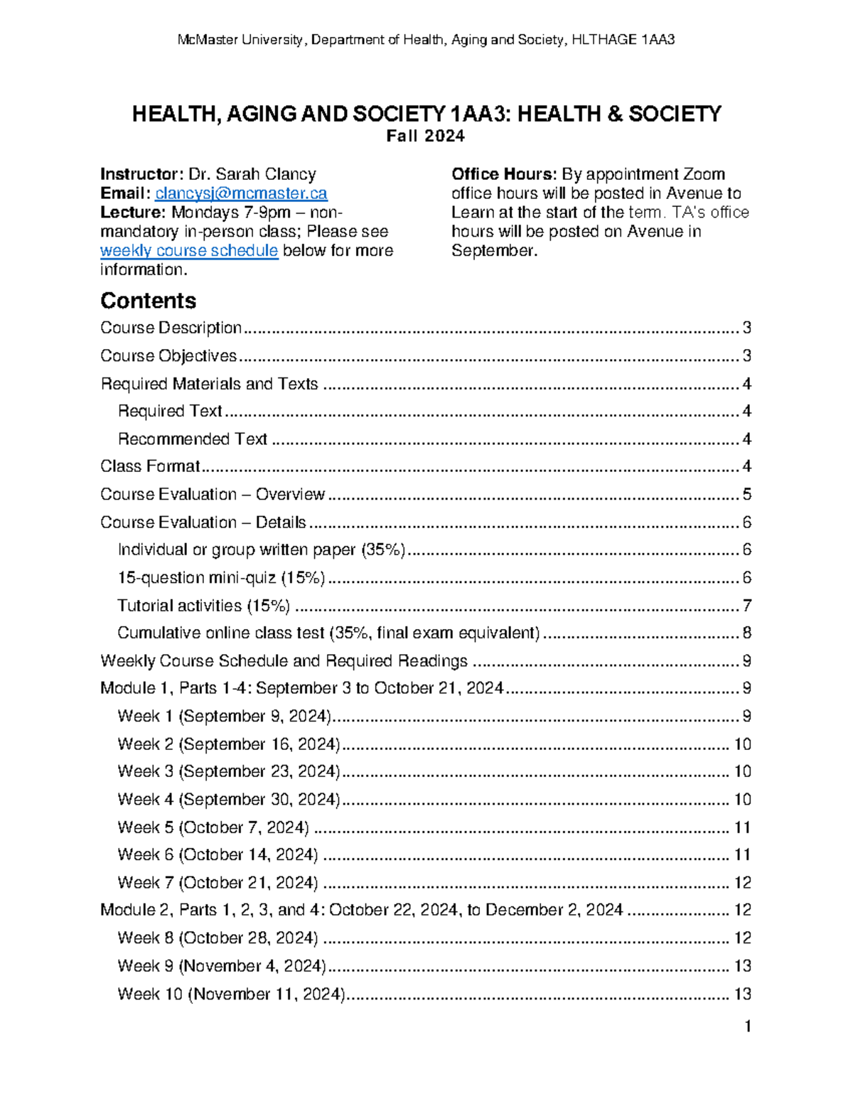 Hlthage 1AA3 Lecture Notes - Health, Aging & Society Fall 2024 - Studocu