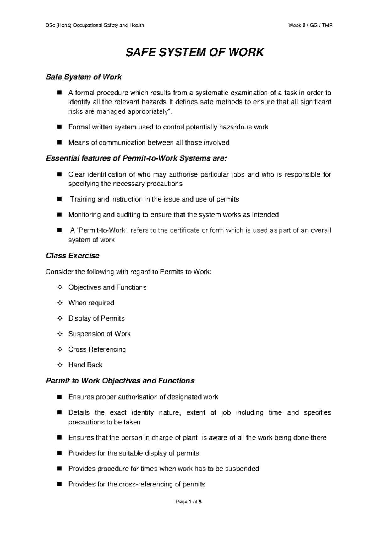 SAFE System OF WORK - Warning: TT: undefined function: 32 SAFE SYSTEM ...