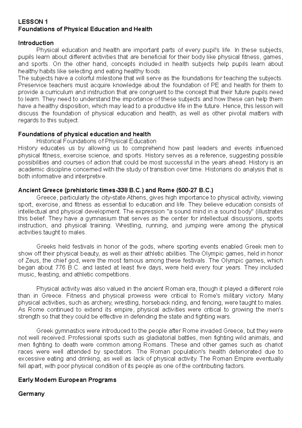 PE AND Health Module: Lessons 1-3 Foundations and Instructional Design ...