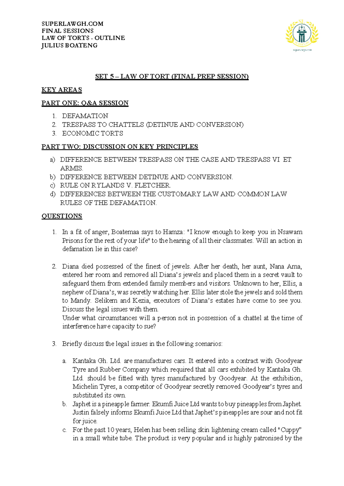Torts LAW 101 Final Exam Session - Outline and Key Areas - Studocu